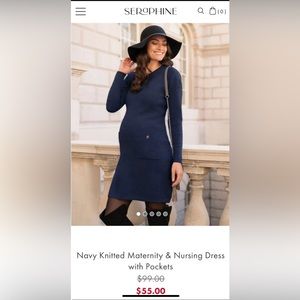 Navy Knitted Maternity & Nursing Dress with Pockets